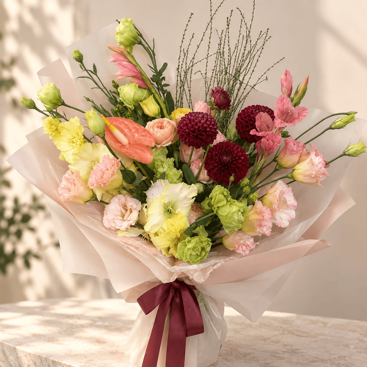 Lisianthus, Chrysanthemum & Anthurium Bouquet